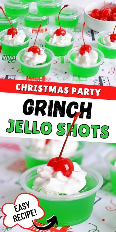 Grinch Jello Shots Recipe, Grinch Christmas Shots, Moonshine Jello Shots Recipes, Holiday Jello Shots Christmas, Christmas Jello Shots Alcoholic, Christmas Jell-o Shots, Christmas Party Snacks For Adults, Jell-o Shots, Jello Shots Christmas