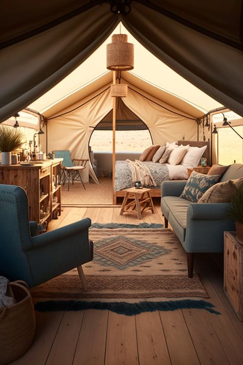 A luxurious glamping site that doesn't skimp on comfort, featuring plush cushions, a cozy fire pit, and high-end amenities. Glamping Decor, Homes Design Ideas, Unique Glamping, Tents Camping Glamping, Glamping Ideas, Tent Living, Wall Tent, Glamping Resorts, Luxury Glamping