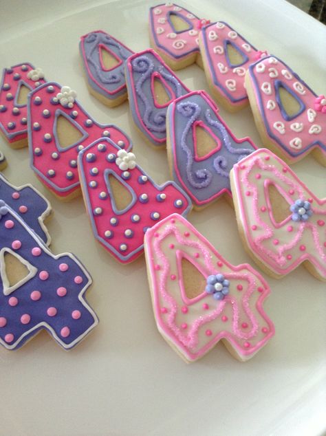 Princess number cookies Number 4 Cookie Cake, Number Cookies, Princess Cookies, Cookies Decorated, Birthday Numbers, Business Idea, Number 4, Birthday Cookies, Cookie Cake