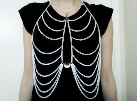 Ribcage white body chain by crumpetclothing on Etsy https://www.etsy.com/listing/96372952/ribcage-white-body-chain Skeleton Body, Goth Accessories, Conceptual Fashion, Red Sunglasses, Body Chains, Dress Aesthetic, Diy Body, Halloween Inspo, Beaded Accessories