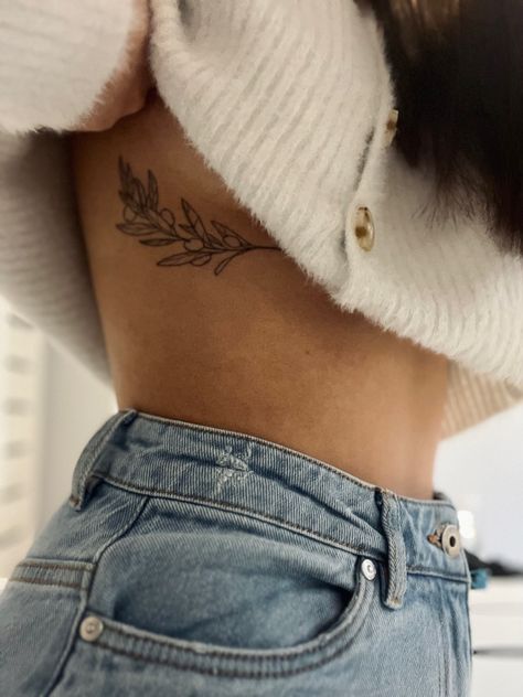 Rib Olive Branch Tattoo, Leaf Side Tattoo, Olive Branch Tattoo Ribcage, Wraparound Leaves Tattoo, Rib Leaf Tattoo, Rib Vine Tattoo, Rib Plant Tattoo, Olive Branch Back Tattoo, Upper Ribcage Tattoo