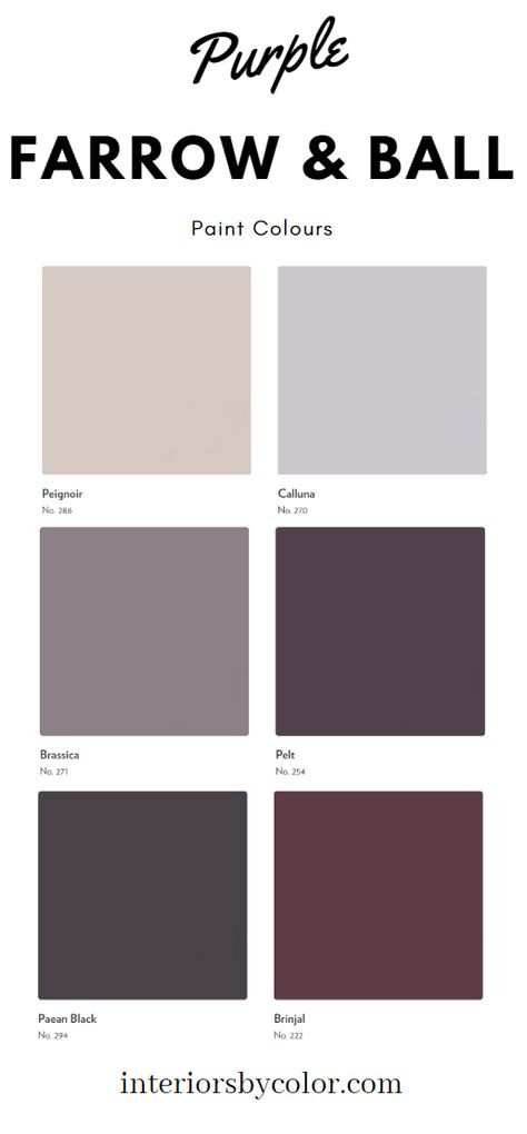 Farrow & Ball Purple Paint Colours - Interiors By Color Farrow Ball Brinjal, Deep Purple Dining Room, Brinjal Farrow And Ball Bedroom, Farrow And Ball Purple Paint Colors, Purple Taupe Paint Colors, Amethyst Paint Color, Plum Living Room Ideas Colour Palettes, Dark Plum Bathroom, Farrow And Ball 2023 Color Trends