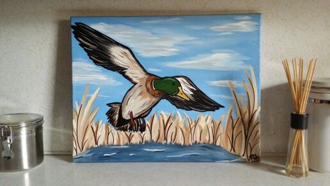 Duck Hunting Painting Easy, Easy Hunting Paintings, Duck Paintings On Canvas, Duck Hunting Painting, Duck Canvas Painting, Hunters Journal, Western Painting Canvas, Dollar Painting, Painted Saws