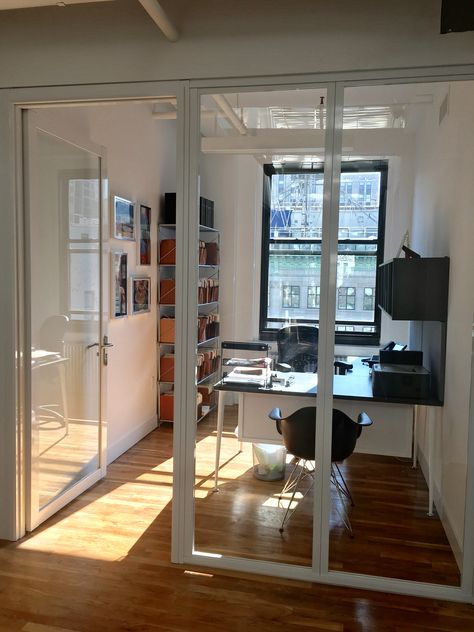 With more people working remotely, the home office is becoming a necessity. We can help custom-design the ideal office or study to fit your needs, like the one shown here that uses our swing door paired with fixed glass walls. Small Office Door Ideas, Home Office For Two With Divider, Glass Divider Office, Home Office With Divider, Office Wall With Window, Glass Door Study Room, Glass Dividers For Living Room, Small Office Glass Door, Door For Office Room