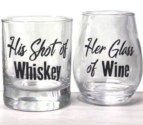 Coordinating drinking glasses for couples who drink whiskey and wine. His whiskey 10 oz rocks glass and Her 12 oz wine glass are personalized for each other like the perfect couple. Available on Cricut Wine Glasses, Wine Puns, Wine Glass Sayings, Diy Wine Glasses, Wine Glass Crafts, Wine Glass Art, Glasses Drinking, Couples Gift, Wine Glass Set