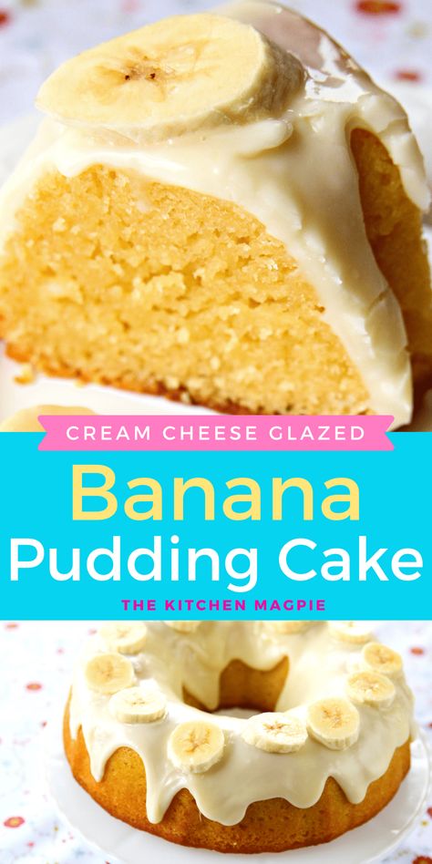 This banana pudding cake is topped with a decadent cream cheese glaze and is the best banana cake you will ever make! #thekitchenmagpie #bananacake #cake Cheesecake Glaze, The Best Banana Cake, Pistachio Pudding Cake, Best Banana Cake, Lemon Pudding Cake, Banana Pudding Cake, Homemade Banana Pudding, Banana Dessert Recipes, Cream Cheese Glaze