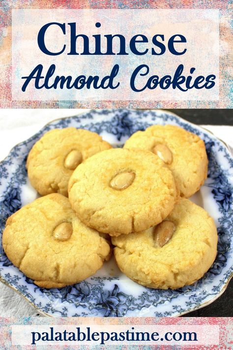 Chinese Almond Cookies are deliciously crunchy  little desserts with a whole almond in the  center, symbolizing good luck. Almond Cookies Chinese, Almond Cookies Recipes, Italian Anisette Cookies, Chinese Almond Cookies, Pinwheel Cookies, Fantastic Recipes, Around The World Food, Tea Cookies, Cookie Flavors