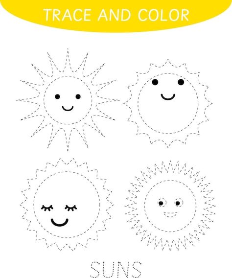 Sun trace and color, tracing practice fo... | Premium Vector #Freepik #vector #sun #toddler #homework #back-school Sun Worksheets For Kids, Sun Crafts For Preschoolers, Sun Worksheet, Sun Activities, April Preschool, Sun Activity, Trace And Color, Sun Crafts, Weather Crafts