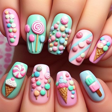 #nails  #candy  #new #stylish  #viva Gummy Nail Art, Candy Land Nails Designs, Candy Nails Designs 3d, Dessert Nails Designs, Willy Wonka Nails, Candy Theme Nails, Candy Themed Nails, Candyland Nails, Candy Land Nails