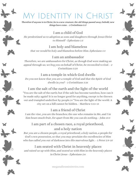 Bible Verse About Identity, Finding Identity In God, Who I Am In Christ Printable, Bible Printables Free, My Identity In Christ, Free Bible Study Printables, Free Bible Printables, Scripture Memorization, Spiritual Attack