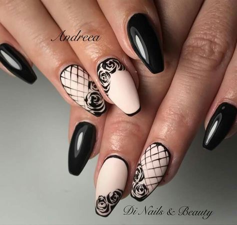 Black and beige roses and criss cross designed nails Black Lace Nails Designs, Rose Design Nails, Lace Design Nails, Lace Nails Designs, Black Lace Nails, Lace Nail Design, Beige Roses, Designed Nails, Lace Nail Art