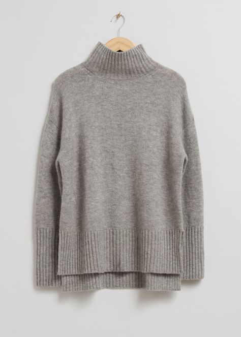 Mock Neck Knit Sweater - Mole Melange - Sweaters - & Other Stories US Other Stories Sweater, Winter Knitwear, Pull Oversize, Hem Sweater, Knit Turtleneck Sweater, Ribbed Neckline, Cool Sweaters, Fashion Story, Split Hem