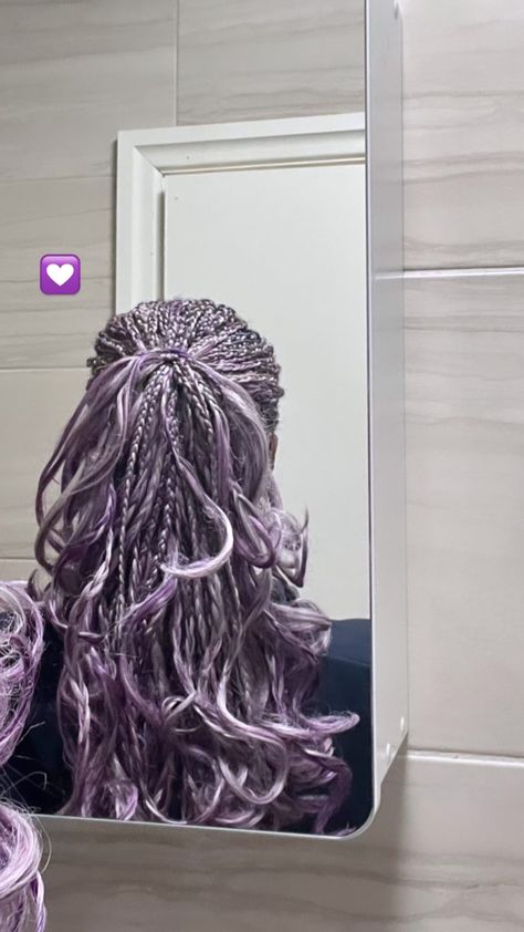 Fake Hair Color Braids, Purple And Silver Braids, Pastel Purple Braids, Colorful French Braids, Light Purple Box Braids, Curly Braided Hairstyles For Black Women, Purple French Curls Braids, Box Braids Hairstyles For Black Women Color, Purple And Blonde Braids