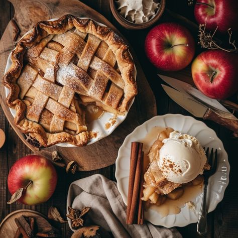 Apple Pie Treat: A delicious homemade apple pie served with vanilla ice cream, perfect for a cozy autumn dessert. #apple pie #dessert #vanilla ice cream #cinnamon #apples #aiart #aiphoto #stockcake ⬇️ Download and 📝 Prompt 👉 https://ayr.app/l/Gqbb Apple Pie With Vanilla Ice Cream, Apple Pie Pictures, Apple Pie Photography, Apple Pie Aesthetic, Rustic Apple Pie, American Apple Pie, Dessert Apple, Autumn Dessert, Apple Crumble Pie