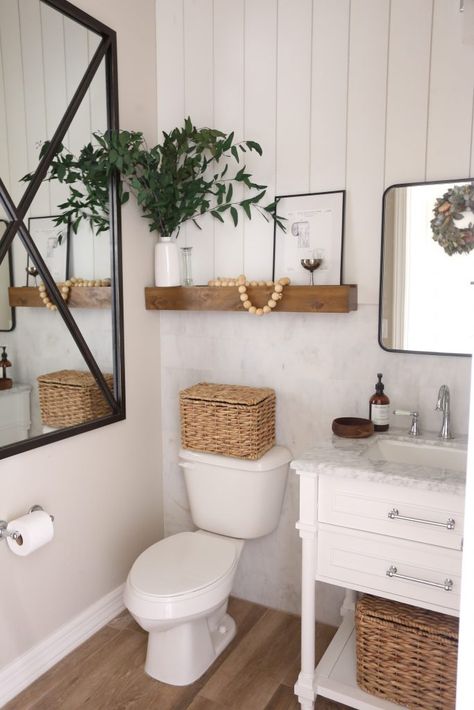 A New Powder Room with Floor & Decor | Just Destiny Boho Powder Room, Modern Farmhouse Powder Room, Farmhouse Powder Room, Farmhouse Bathroom Decor Ideas, Simple Bathroom Decor, Boho Bathroom Decor, Powder Room Decor, Floor Bathroom, Restroom Decor