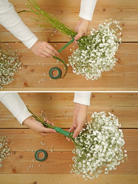 Eucalyptus And Baby Breath Boutonniere, Simple Diy Bridal Bouquet, Baby’s Breath Brides Bouquet, Diy Toss Bouquet Wedding, Bride Bouquet Diy, Easy Bridesmaid Bouquet, Bouquet Wedding Diy, White Rose And Gypsophila Centre Pieces, Baby Breaths Bouquet