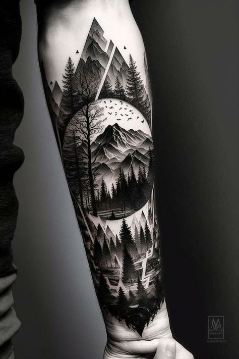 Mountains Half Sleeve Tattoo, Black And Grey Nature Tattoos, Womens Half Sleeve Tattoo Upper Arm, Forest Mountain Tattoo, Nature Forearm Tattoo, Nature Half Sleeve Tattoo, Upper Arm Tattoo Men Half Sleeves, Forearm Tattoo Men Sleeve Unique, Cover Up Tattoos For Men Arm