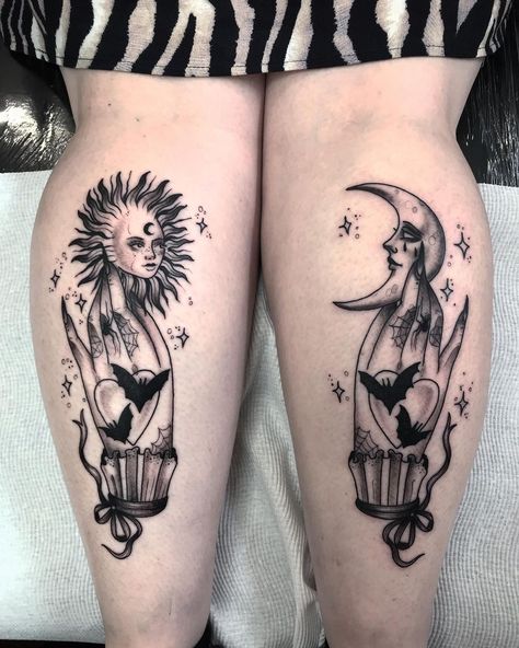 Stephanie on Instagram: “Matching calves for Lucy from a few months ago 🖤 @twohandstattoo” Tattoo Ideas Calf Female, Side Of Calf Tattoos For Women, Matching Calf Tattoos, Front Calf Tattoos For Women, Matching Leg Tattoos, Back Of Calf Tattoos For Women Calves, Back Of Calf Tattoos For Women, Calves Tattoo, Calf Tattoos For Women