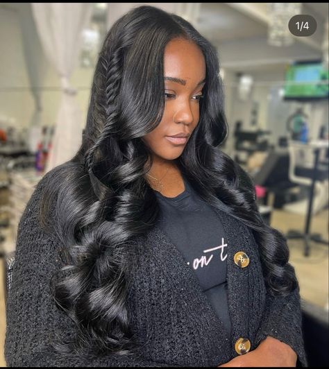 Middle Part Curls With Fishtail, Fishtail Middle Part Wig, Middle Part Hairstyles With Braids, Middle Part With Curls And Fishtail, Middle Part Quick Weave With Fishtail, Middle Part Quick Weave With Fishtail Braid, Fishtail Sew In, Middle Part Curls Sew In, Fishtail With Curls