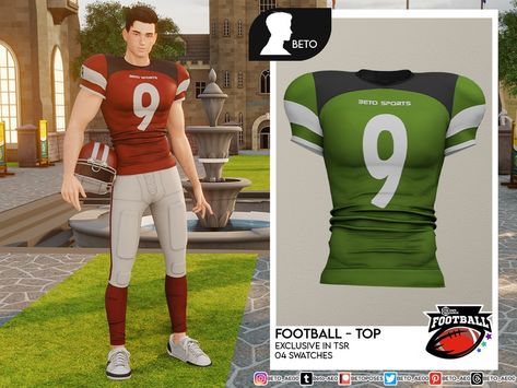 The Sims Resource - Football (Top) Male Cheerleaders, American Football Uniform, Sims 4 Men Clothing, Sims 4 Male Clothes, Football Top, Sims 4 Expansions, Tumblr Sims 4, Free Sims, Play Sims