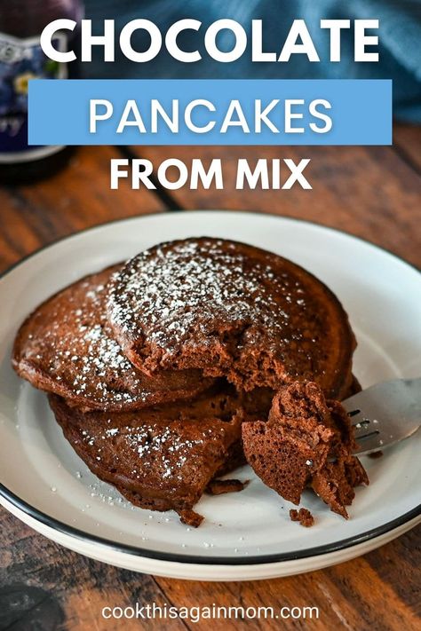 Just a little bit of cocoa powder and pancake mix has the kids smiling big time! It is almost like having dessert for breakfast. Chocolate Kodiak Pancakes, Hot Cocoa Pancakes, Easy Chocolate Pancakes, Chocolate Pancakes With Cocoa Powder, Krusteaz Pancake Mix Recipes, Cocoa Pancakes, Double Chocolate Pancakes, Pancake Mix Uses, Easy Pancake Mix