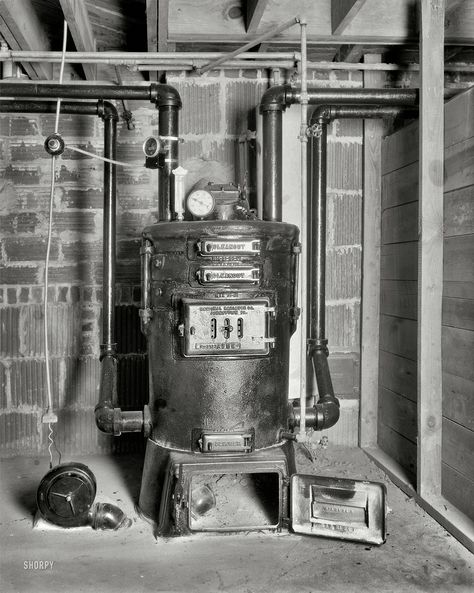 Neat old coal boiler or furnace.  it even has an electric blower to feed air to it. pretty high tec and just plain neat! Johnstown Pennsylvania, Shorpy Historical Photos, Hydronic Heating Systems, Hydronic Heating, Antique Stove, Cast Iron Radiators, Water Boiler, Wilmington Nc, High Resolution Photos