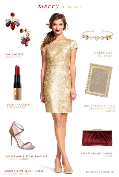 Short Sleeve Gold Sequin Dress Gold Sequin Dress Accessories, Gold Sequin Dress Outfit, Gold Sequin Dress Short, Sequin Dress Gold, Metallic Bridesmaid Dresses, Dress For The Wedding, Winter Wedding Guest, Winter Bridesmaids, Winter Bridesmaid Dresses