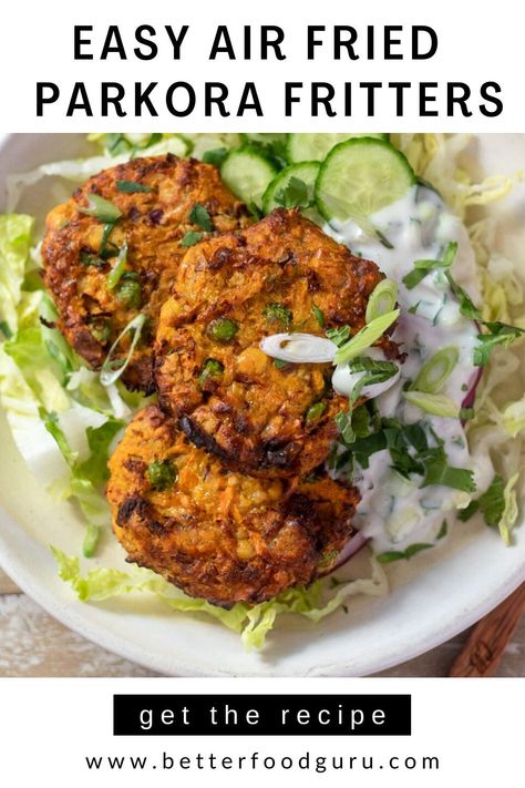 Looking for easy air fryer recipes? These air-fried chickpea pakora fritters are so tasty! They are crispy and crunchy on the outside and soft and dreamy in the middle. They are sweet, savory and full of warming Indian spices. These veggie fritters are inspired by delicious Indian pakoras. If you love pakoras you will love this healthy air-fried version. This is a vegan air fryer recipe that is packed with flavor. Chickpea Fritters Air Fryer, Veggie Pakora Recipe, Airfryer Indian Vegetarian Recipes, Chickpea Airfryer Recipes, Plant Based Air Fryer Recipes, Fritters Air Fryer, Vegan Air Fryer, Galveston Diet, Veggie Fritters