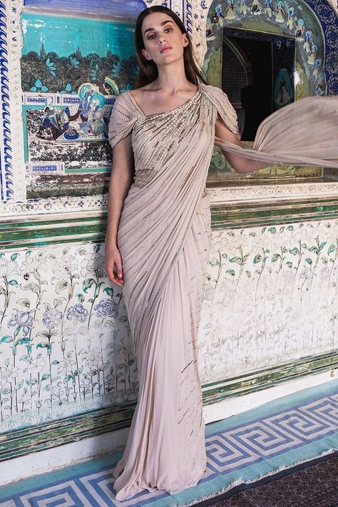 Draped Saree Gown, Embellished Saree, Drape Sarees, Gaurav Gupta, Draped Saree, Indian Sari Dress, Drape Gowns, Saree Gown, Saree Designs Party Wear