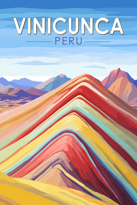 Vintage-style poster showcasing the breathtaking beauty of Vinicunca, Peru, perfect for adding a touch of Andean nostalgia to your decor. Peru Poster, City Cartoon, Peru Travel, Vintage Poster, Anime Wall Art, World Art, Vintage Wallpaper, Travel Book, Retro Art