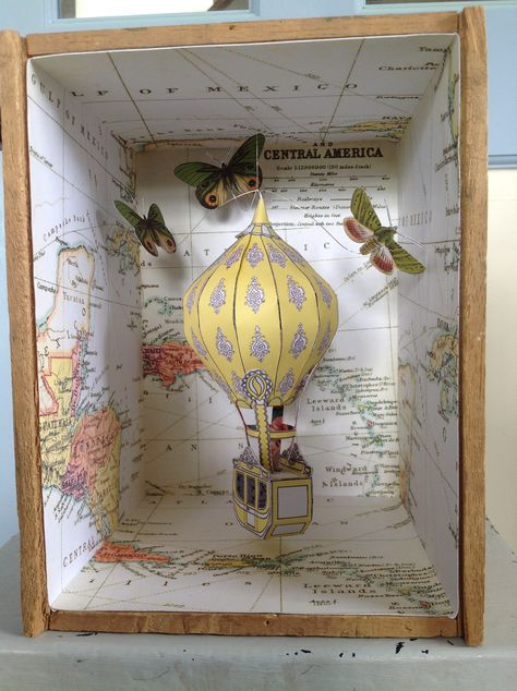 Shadow Box Kunst, Box Artwork, Box Assemblage, Shadow Box Art, Paper Model, Assemblage Art, Shadow Boxes, Box Art, Hot Air Balloon