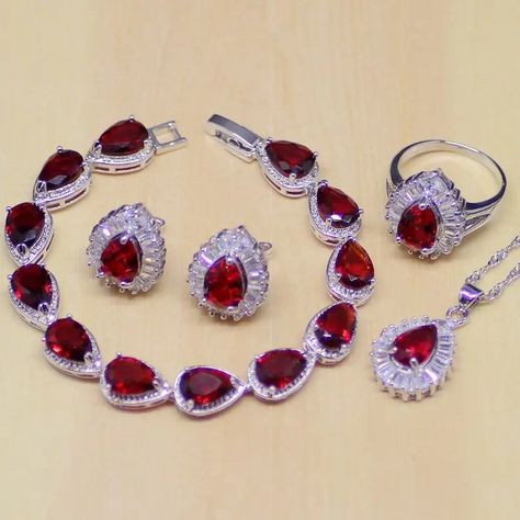 Water Drop Red Ruby White Topaz 925 Sterling Silver Jewelry Sets Women Stud Earrings/Pendant/Necklace/Ring/Bracelet Gift - AliExpress 36 Women Stud Earrings, Topaz Jewelry, Healing Crystal Jewelry, Necklace Ring, Women's Jewelry Sets, Silver Jewellery Sets, Earrings Pendant, Healing Jewelry, Red Ruby