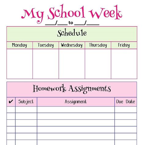 My School Week Homework Planner Printable Designed for elementary-age students, this printable planner will help your little one keep up with assignments and daily activities. With spaces big enough for little hands to write in, and sized just right to slip in a classroom folder or bind into a handy book, this planner will empower your child to feel more responsible and independent. #plannerbabe #planneraddict #planwithme #planner Homework Planner Printable, Study Planner Free, School Planner Template, College Help, Student Weekly Planner, Homework Planner, Study Planner Printable, Student Planner Printable, Week Schedule