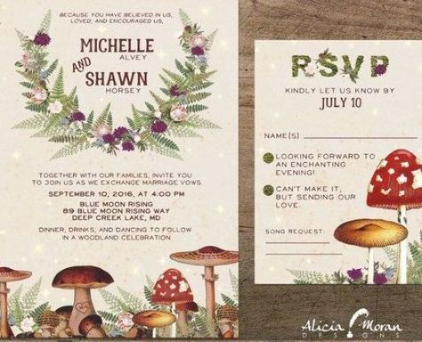 Wedding Invitation Suite: Mushroom Toadstool Mushroom Wedding, Custom Illustrated Wedding Invitations, Enchanted Forest Wedding Theme, Cottagecore Wedding, Illustrated Wedding Invitations, Fantasy Party, Forest Moss, Forest Theme Wedding, Pocket Fold Wedding Invitations