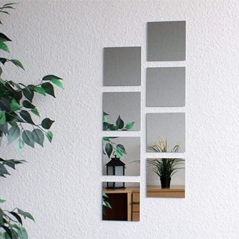 Small Square Mirrors On Wall, 4 Square Mirrors On Wall Decor, Squared Mirrors On Wall, Mirror Layout On Wall, Wall Mirror Frame Ideas, Multiple Mirrors On Wall, Square Mirror Decor, Square Mirror Ideas, Mirror Wall Ideas