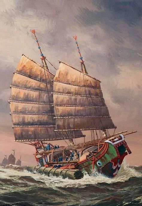 Boats Illustration, Japanese Water Tattoo, Chinese Junk Boats, Junk Ship, Chinese Boat, Junk Boat, Boat Illustration, Navi A Vela, Old Sailing Ships