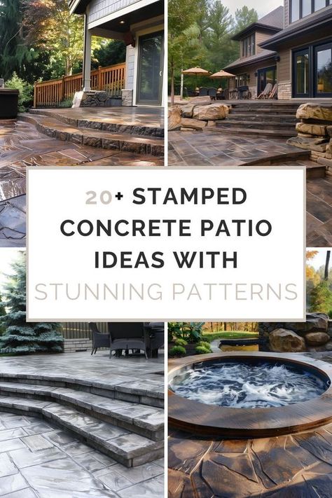 Unlock the secrets to a sophisticated outdoor retreat with these stamped concrete patio ideas featuring stunning patterns. Dive into the article for more inspiration and make sure to follow us for the newest in exquisite outdoor design! Concrete Patio Stamp Ideas, Stamped Patio Concrete, Stamped Concrete Patio Pool, Ideas For Patio Flooring, Pouring A Concrete Patio, Outdoor Patio Ideas Concrete, Pool Patio Flooring Ideas, Outside Patio Flooring Ideas, Colored Concrete Patio Ideas