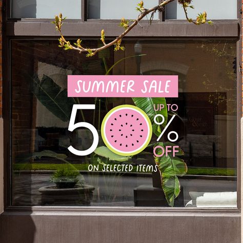 Summer Sale Shop Window Sign - Removable Vinyl Decal - Sale Shop Window Vinyl Sticker - Sale Window Sticker - Promotion Retail Display ✦ This Sale Season decorate your shop window with decorative removable decals. This will liven up any shop window or door of your store front and make your sale message pop. Suitable to most flat smooth surfaces, also can be used on walls as a wall decal. Decorate your shop window with our easy to install and easy to remove window decals, stickers and retail wind Summer Window Display Store Fronts, Store Front Sign, Spring Window Display, Promotional Stickers, Window Display Retail, Summer Window, Sale Windows, Window Display Design, Spring Window