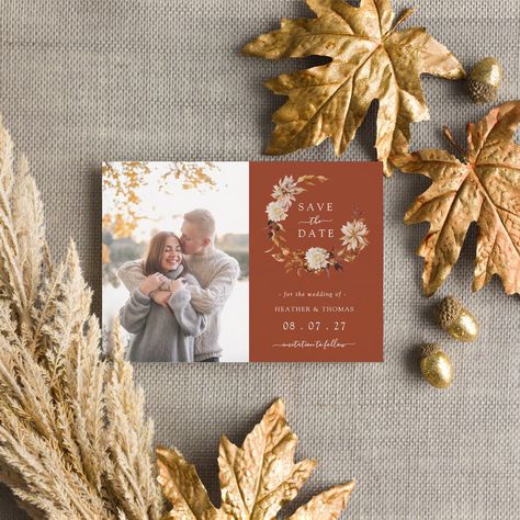 Fall Wedding Save The Date, Funny Save The Dates, Brown Watercolor, Photo Simple, Wedding Postcard, Rustic Save The Dates, Floral Save The Dates, Photo Save The Date, Wreath Wedding