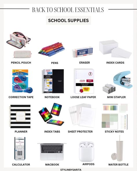 10 Must-Haves for New Teachers https://whispers-in-the-wind.com/back-to-school-bag-essentials-you-didnt-know-you-needed-but-totally-do/?preppy-fashion-a-timeless-look Basic Stationary Supplies List, Organized School Supplies Aesthetic, Senior High School Supplies, New School Supplies, School Supplies Sophomore Year, Things For High School Supplies, Back To School Items Highschool, Back 2 School Supplies, Aesthetic High School Supplies