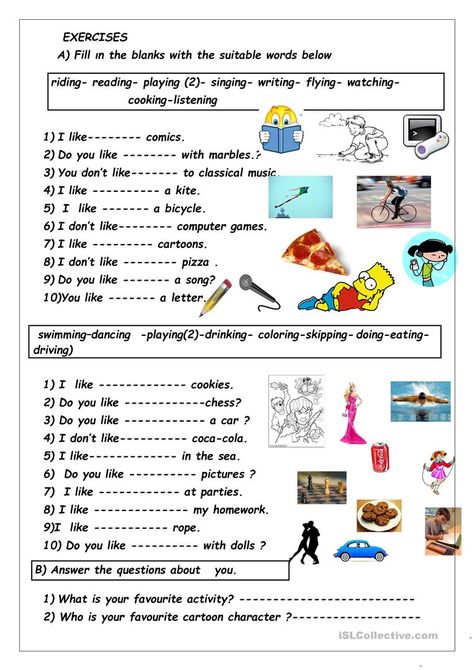 Like + Ing Worksheets, Like Ing Worksheet, Verb Ing Worksheet, English Excercise, Eng Grammar, Verbs For Kids, English For Students, English Quiz, English Grammar For Kids