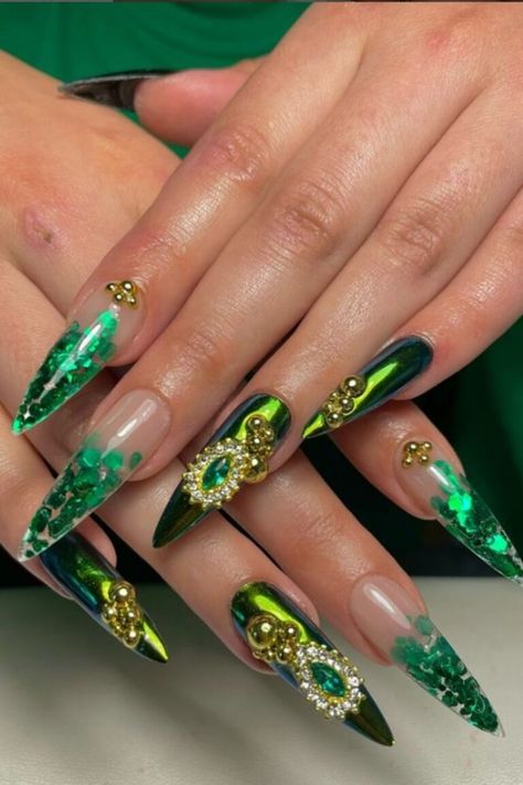 Discover stunning long green nail designs to elevate your style! From bold emerald hues to playful lime tones, find inspiration for your next chic manicure. long green glitter nails, green glitter nails acrylic, green nail designs, green nail aesthetic, green nail art, Green summer nails, green winter nails, green nails almond, green nails short, green with french tips, green nail art design, Green nails to match with your outfit. deep green nails, dark green nails, green and white nails. Green Nail Aesthetic, Nails Green And White, Glitter Nails Green, Almond Green Nails, French Tips Green, Green Nails Dark, Deep Green Nails, Winter Nails Green, Green Nails Almond