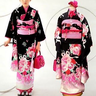 Kimono & Yukata, Furisode_Black Flower Pink Spy Outfit, Pink Kimono, Kimono Yukata, Traditional Attire, Black And Pink, Kimonos, Asian Fashion, Two Piece Pant Set, Kimono Top