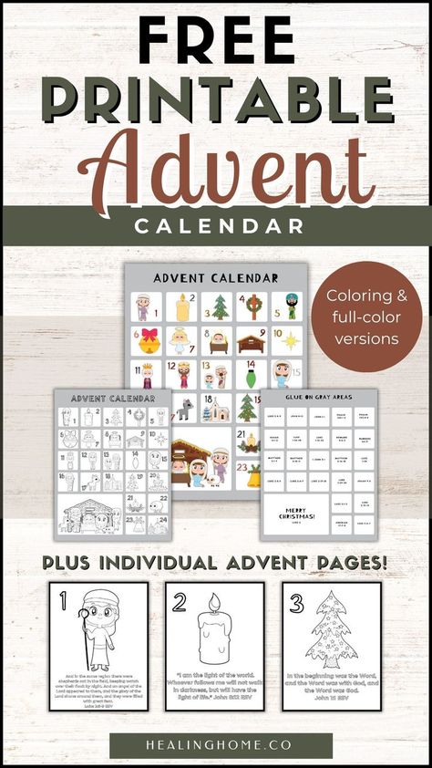 Celebrate the season with this Free Printable Coloring Advent Calendar! 🎄✨ A fun and creative way for kids to count down to Christmas, this coloring advent calendar features festive designs that will keep them excited all month long. Download, print, and color together as you reflect on the true meaning of Christmas. A wonderful addition to your holiday traditions! 🎅🖍️ #AdventCalendar #ChristmasTraditions #KidsActivities #FreePrintable #HealingHome Weekly Advent Readings For Kids, Advent Activities For Preschoolers, Christmas Story Advent Printable, Christmas Cross Stitch Patterns Free Advent Calendar, Advent Hope Crafts For Kids, Advent For Kindergarten, Advent Devotions For Kids, Classroom Advent Calendar Ideas, Advent Sunday School Lessons For Kids