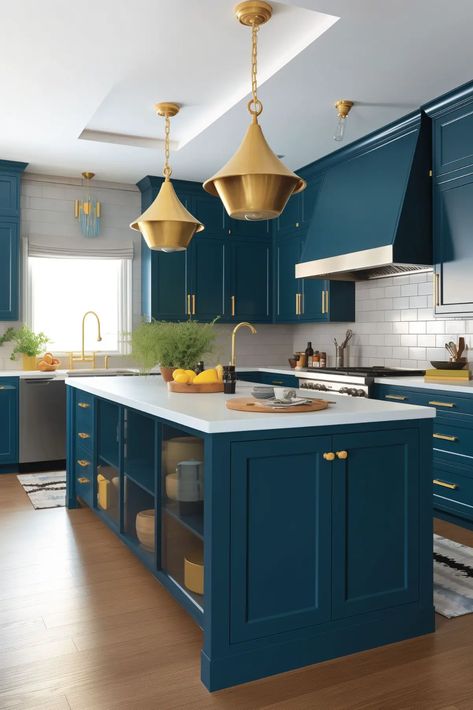 Peacock Blue and Gold Kitchens: A Bold and Chic Combination Peacock Blue Color Combinations, Peacock Blue Cabinets, Yellow And Blue Kitchen Ideas, Blue White Gold Kitchen, Turquoise Kitchen Ideas, Peacock Blue Kitchen, Gold Accent Wall, Traditional Chic, Turquoise Kitchen