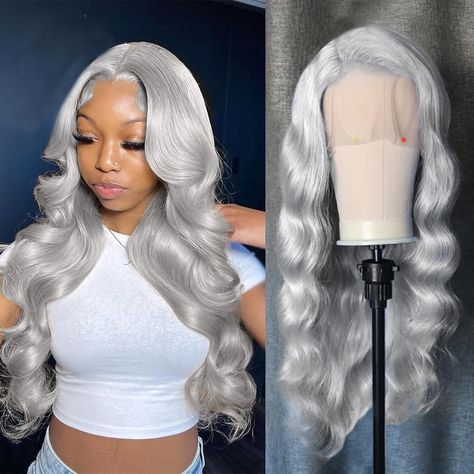 PRICES MAY VARY. Silver Grey Human Hair Material: Unprocessed Virgin Human Hair Wigs, 12A Grade Brazilian Virgin Human Hair for Black Women Cut From Young Girl. Soft and Clean ,Comfortable and Silky. Glueless Lace Closure Wigs Human Hair Without Any Synthetic and Animal Hair Mixed.Can Be Dyed 、Straightened and Curled, Bleached and Restyled As Your Own Hair 13x4 Lace Front Wigs:13x4 HD Transparent Lace, Soft ,Invisible, Breathable &Comfortable. Skin Melt Invisible HD Lace Front Wig. Natural Hairl Silver And Black Wigs For Black Women, Grey Long Wigs, Grey Middle Part Wig, Simple Wig Styles, Different Color Wigs Black Women, Winter Wigs For Black Women, Lace Front Colored Wigs, Grey Wig Hairstyles, Platinum Grey Wig