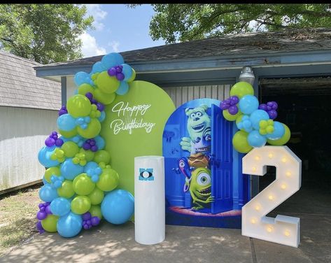 Monsters Inc Birthday Party Backdrop, Monsters Inc Party Backdrop, Monsters Inc Backdrop Party Ideas, Monsters Inc Birthday Backdrop, 2nd Birthday Monsters Inc, Monster Inc Party Ideas 2nd Birthday, Monsters Inc Balloons, Monsters Inc Themed Birthday Party, Monsters Inc Balloon Arch