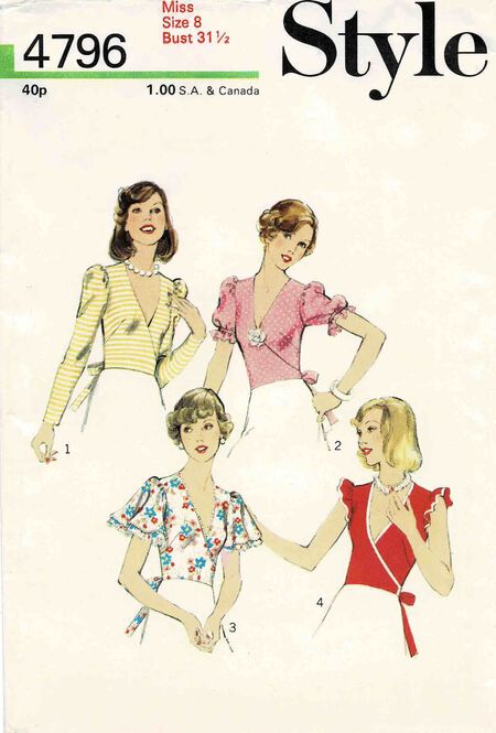 Style 4796 | Vintage Sewing Patterns | Fandom Vintage Sewing Patterns, Wrap Top, Top Pattern, Vintage Sewing, Pattern Making, Sewing Patterns, Short Sleeves, Long Sleeves, Elastic