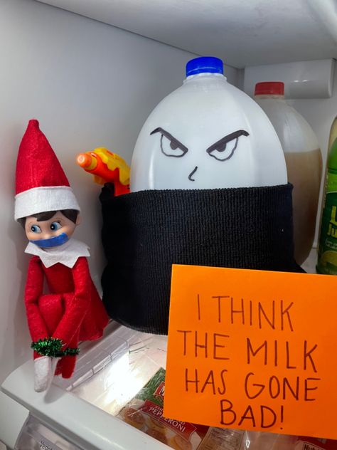 Elf On The Shelf Elf On The Shelf Ideas With Animals, Elf On Shelf Milk Gone Bad, Insane Elf On The Shelf Ideas, Grinch Milk Elf On The Shelf, Morning Elf On The Shelf Ideas, Elf On The Shf Ideas, Chocolate Chip Elf On The Shelf, Moving Elf On The Shelf Ideas, Elf Idea When Kid Is Sick