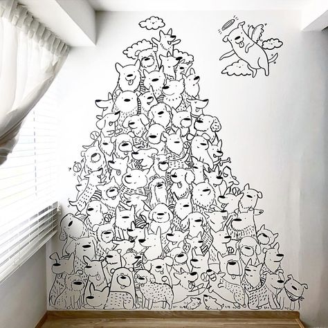 Dog Wall Painting, 3doodler Ideas, Mindful Doodling, Doodle Art Wall, Doodle Mural, Cafe Mural, Instagram Mural, Playroom Mural, Doodle People